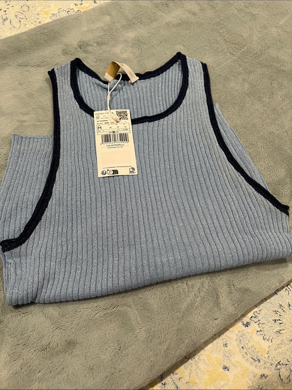 Mango Light Blue Ribbed Tank Top with Navy Trim - Picture 4 of 4